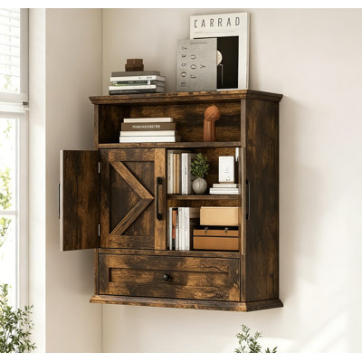 Bathroom Wall Cabinet With Drawer & Barn Door, 24.4"X23.6"X9" Rustic Brown Over Toilet Medicine Cabinet, Adjustable Shelf Farmhouse Storage For Kitchen, Laundry, Entryway