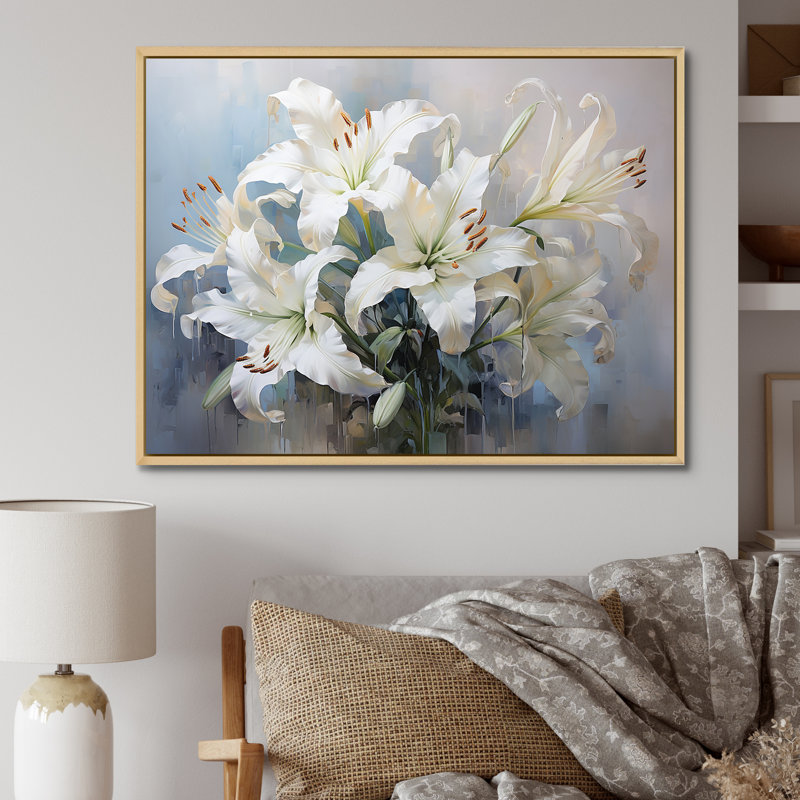 Lys blancs en fleurs - Art mural lys, H 30 po x l 40 po x P 1,5 po, Cadre naturel flottant