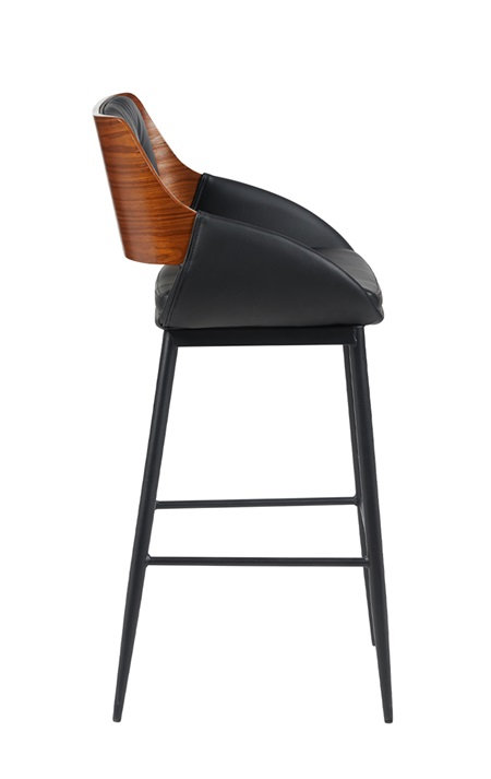 Tabouret de bar d'intérieur en vinyle noir avec dossier capitonné et extérieur en placage de noyer, structure en métal noir