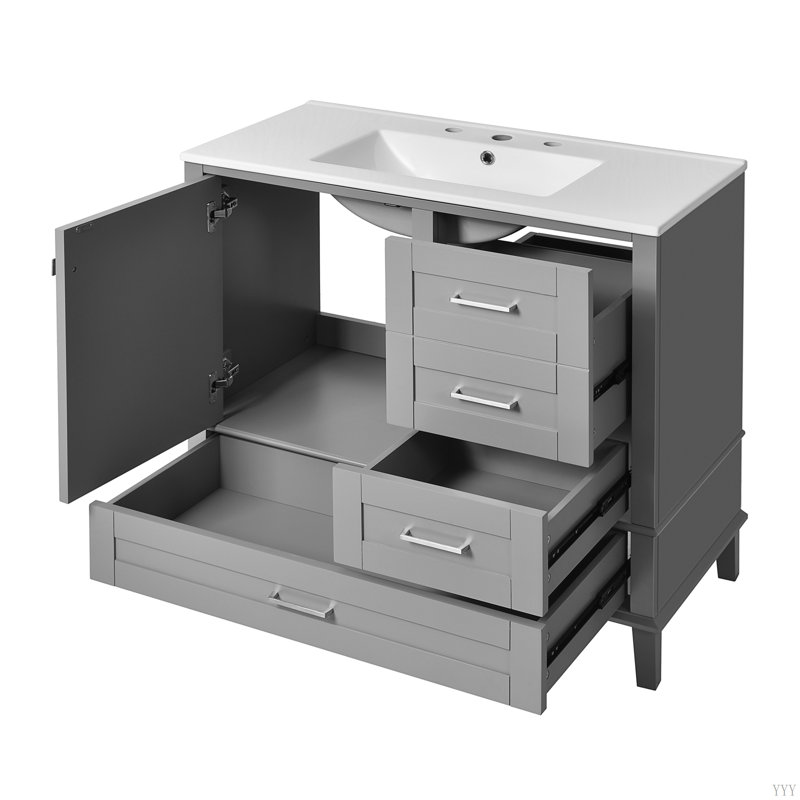 36"  Bathroom Vanity With Solid Pine Frame, 1 Soft Close Door And 3 Drawers , Modern Storage Cabinet, Gray