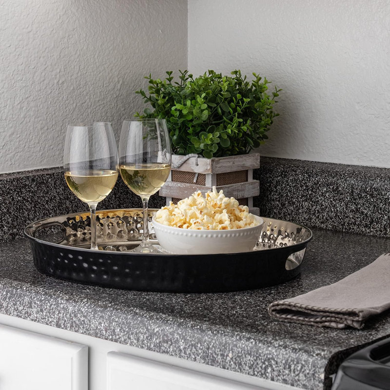 Hand Hammered Metal Decorative Oval Vanity Serving Tray with Handles, Black and Nickel Finish, Black/Nickel