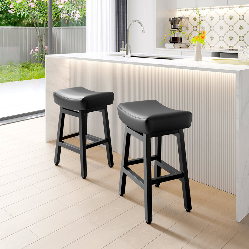 Counter Height Bar Stools Set Of 2 For Kitchen Counter Farmhouse Modern Barstools With Faux Leather Upholstered Backless Seat And Metal Legs 24 Inch Bar Chairs