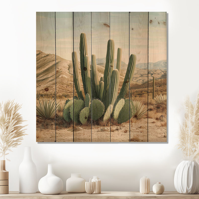 Cactus And The Desert Hills III - Floral Cactus Wood Wall Decor - On Natural Pine Wood, 15" H x 15" W x 0.78" D