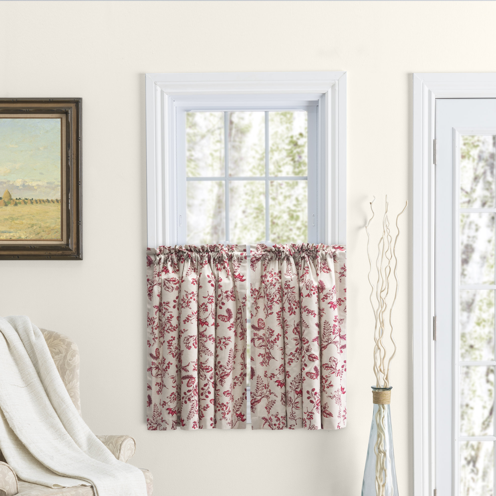 Emogene Toile Cotton Tailored 84'' Cafe Curtain, 84" W x 24" L, Garnet