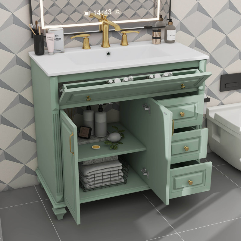 Meuble-lavabo de 36 pouces avec lavabo, armoire de salle de bain avec tiroir rabattable, 3 tiroirs et 2 portes