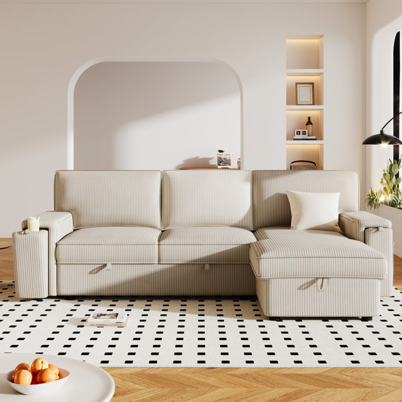 Modern Sofa Upholstery Sleeper Sectional Sofa With Storage Bags And 2 Cup Holders On Arms, Beige