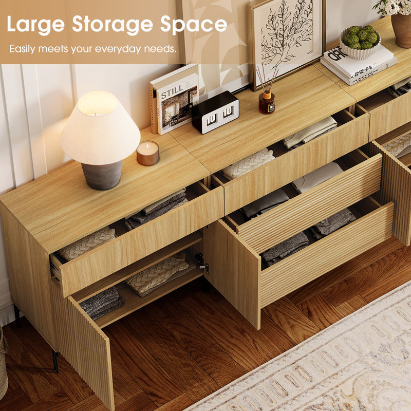 94.5" Modern Reeded Minimalist Sideboard With Drawers And Doors, 3-In-1 Wooden Credenza Storage Cabinet For Kitchen, Dining Room