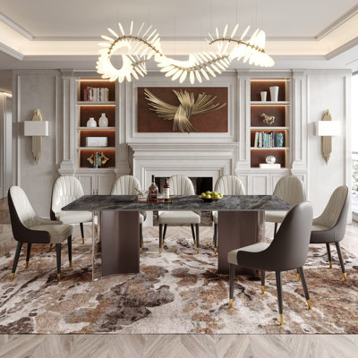 Modern Sintered Stone Dining Table Set with 8 Faux Leather Chairs, Rectangular Kitchen Table Set