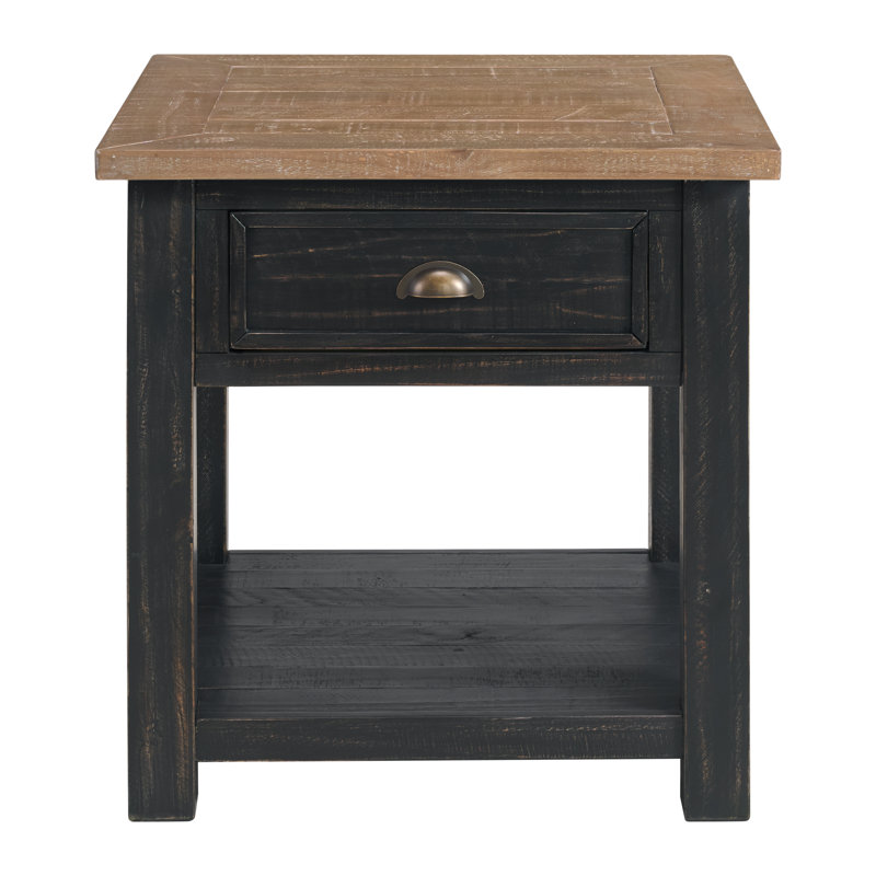Holliman Solid Wood End Table with Storage, Black/Driftwood