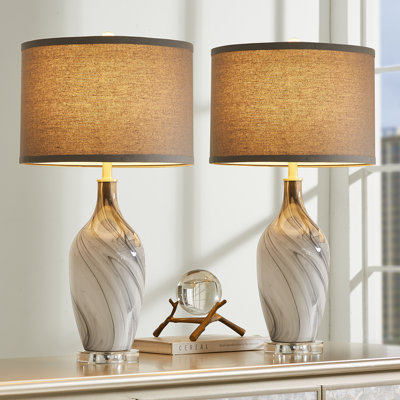 25.8"silky Grey Glass Table Lamp With Crystal Base (set Of 2)