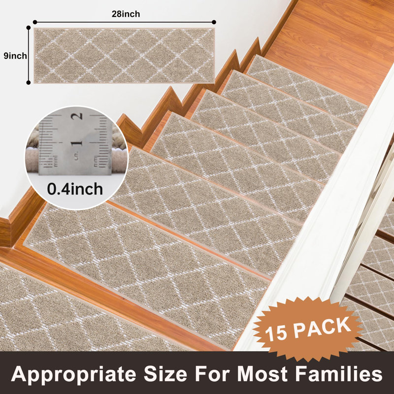 Tapis d'escalier antidérapant paquet de 15, Taupe / géométrique, Tapis de couloir 9 po x 2 pi 4 po, 15