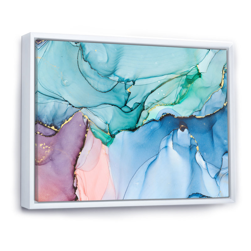 «Green and Blue Tender Liquide Art IV», reproduction sur toile, H 30 po x l 40 po, Cadre flottant blanc