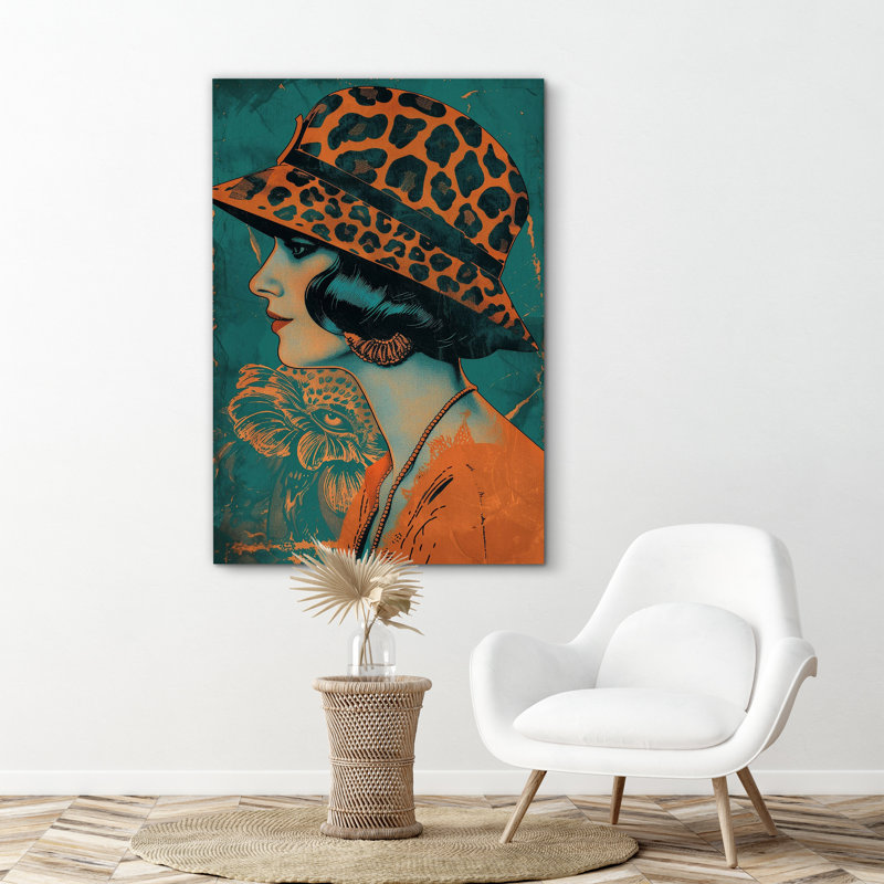 Élégance léopard orange, chapeau, dame, mode, BCBG, décoration de chambre, impression sur toile encadrée, H 48 po x l 32 po