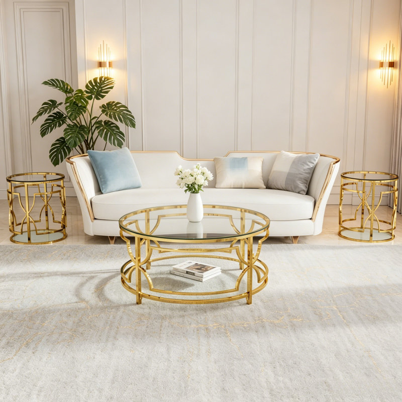 Table d'appoint ronde dorée de luxe 19,7 pouces avec tablettes de rangement, Transparent / Doré