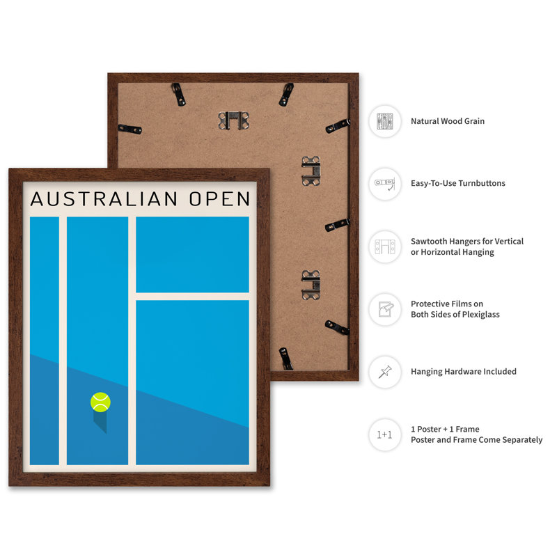 Tennis Open d'Australie, Poster, 12"H x 16"W, Brown Framed