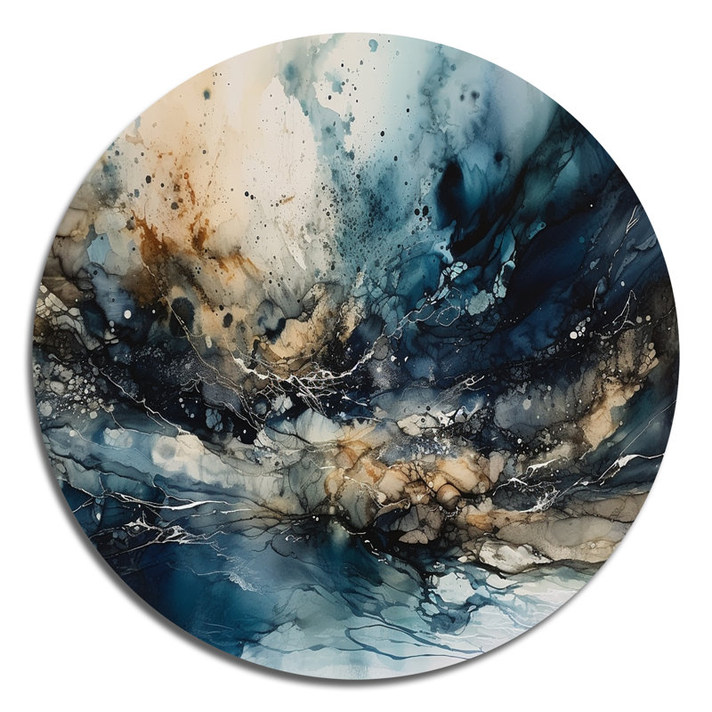 «Blue and the Essence Of Nature I» - peinture abstraite ronde, art mural en métal, H 29 po x l 29 po x P 1 po