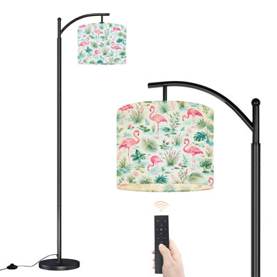Lampe sur pied à arc avec abat-jour réglable Flamant rose aquarelle tropicale Feuilles de palmier Nymphéas Lampe sur pied à intensité variable 3 couleurs avec télécommande, ampoule DEL incluse et abat-jour en métal