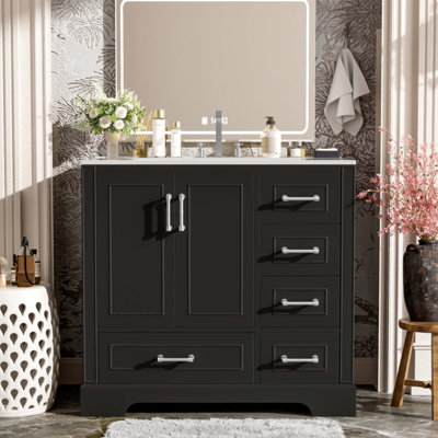 Meuble-lavabo traditionnel de 36 pouces avec lavabo en céramique, rangement spacieux et portes à fermeture en douceur pour des salles de bain élégantes