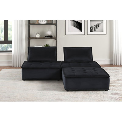 Anna 80" Black Velvet 3 Pc Sectional Sofa Ottoman