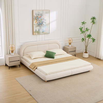 Modern Curved Upholstered Low Profile Platform Bed with Rounded Headboard