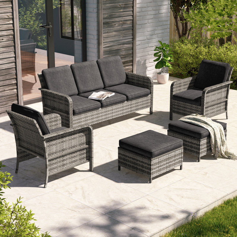 Ensemble de conversation de patio avec repose-pieds 5 pièces, Noir gris