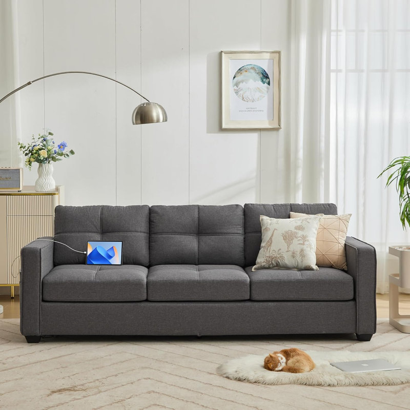 88” W Faux Leather Couch With Square Armrests, Linen - Gray