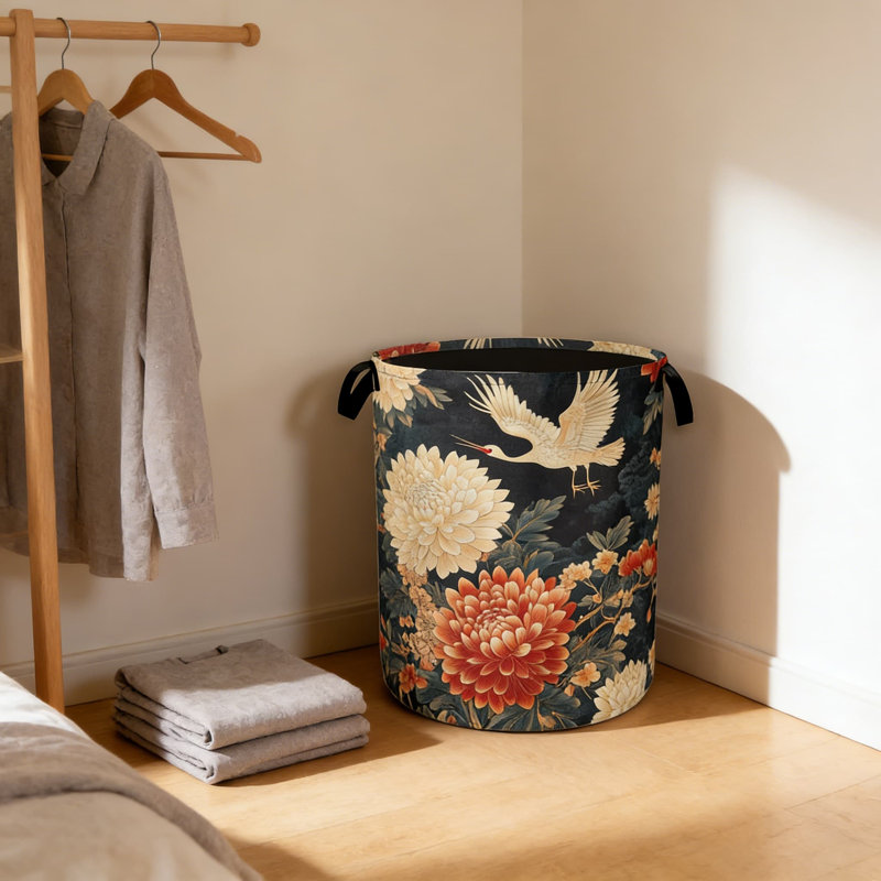Panier à linge pliable avec motif floral et grue rétro - Panier à linge imperméable Oxford