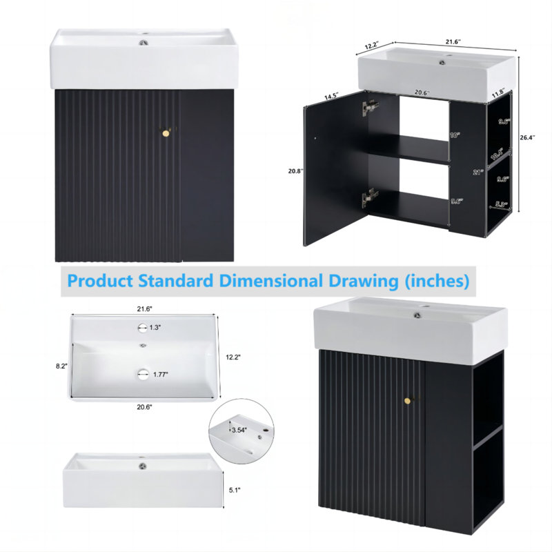 21.6 inch Modern Floating Bathroom Vanity with Ceramic Basin - Perfect for Small Bathrooms, Right side storage, Black
