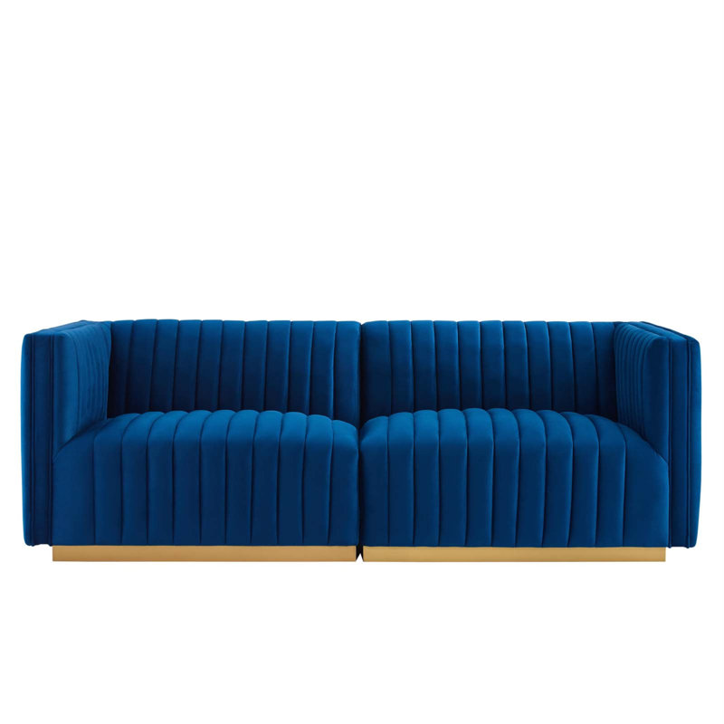 Conjure Channel Tufted Loveseat, Navy Blue Velvet, Gold