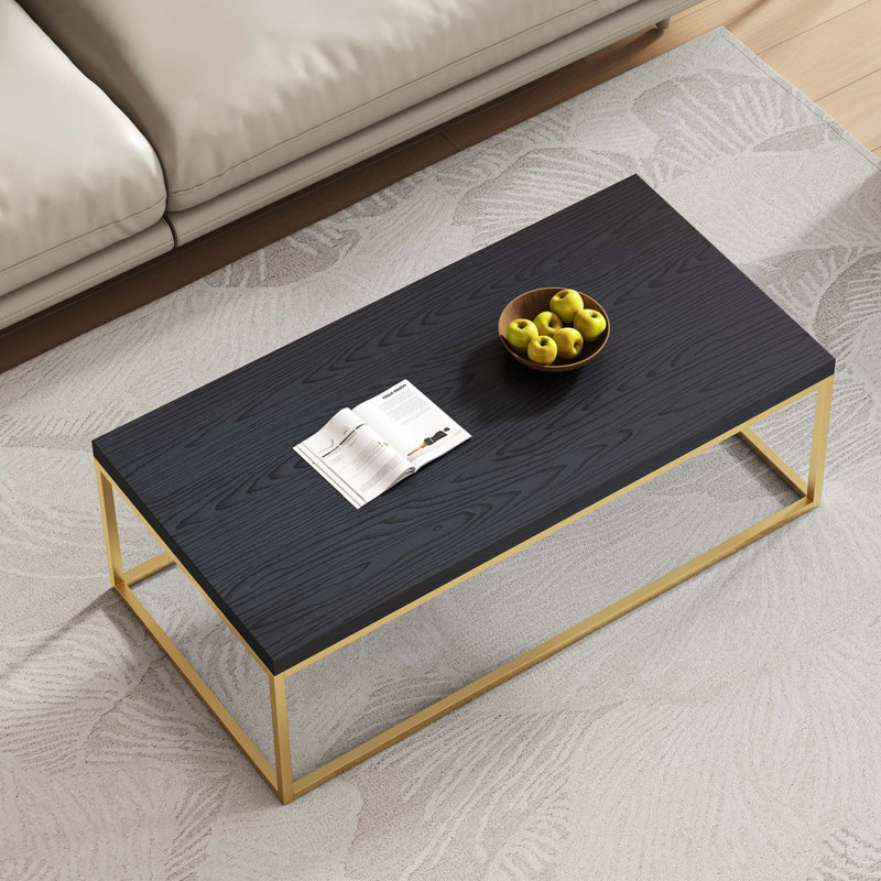 Table basse industrielle moderne avec plateau en pierre épaisse, 15.7" H x 46.8" L x 23.2" W, Noir et or