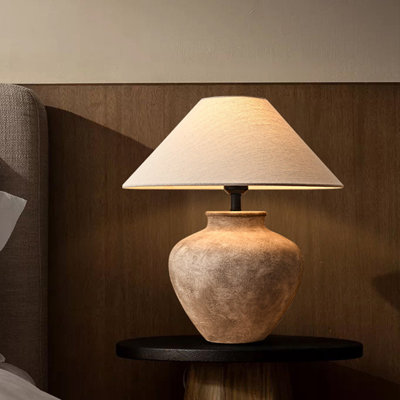 Small Natural Beige Ceramic Modern Table Lamp with Fabric Shade for Bedroom Living Room, Bulb Included