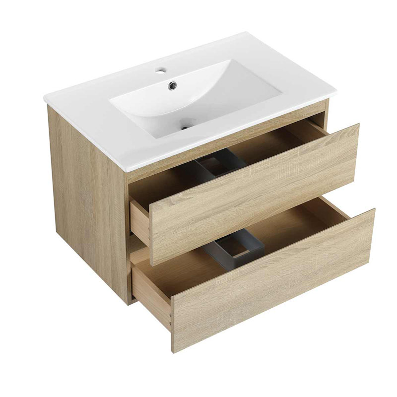 Meuble-lavabo mural avec lavabo en céramique, armoire avec 2 tiroirs à fermeture en douceur, Brun clair