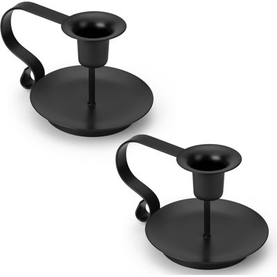 Black Metal Taper Candle Holders Set of 2 - Vintage Chamberstick w/Handle, Farmhouse Rustic Decor for Table/Halloween/Christmas