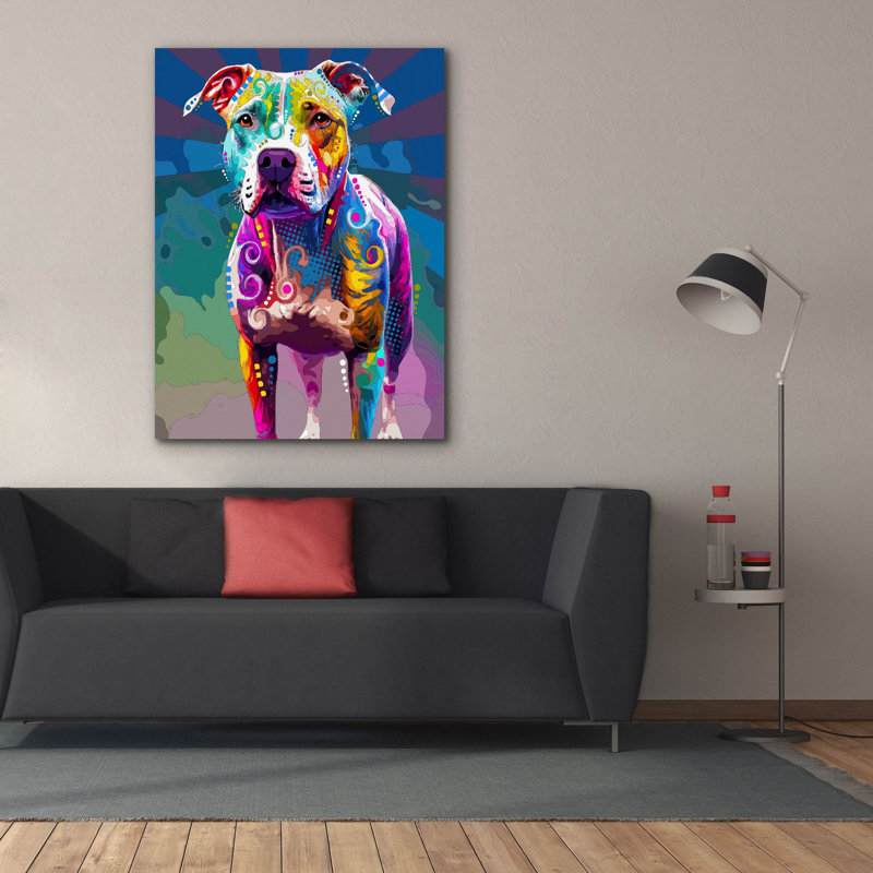 «The Carefree Staffie» par Dean Russo, art mural sur toile, H 54 po x l 40 po x P 1,5 po