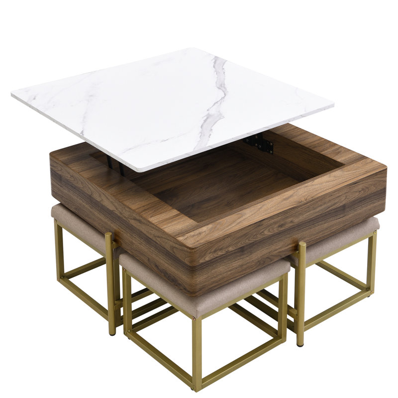 Ensemble de tables basses à plateau relevable moderne avec rangement et 4 repose-pieds blanc et noyer