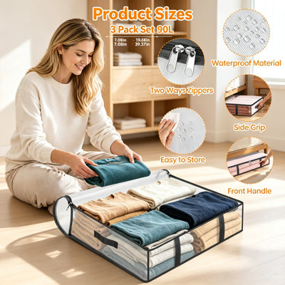 3pk 90L Clear Under Bed Storage Bins