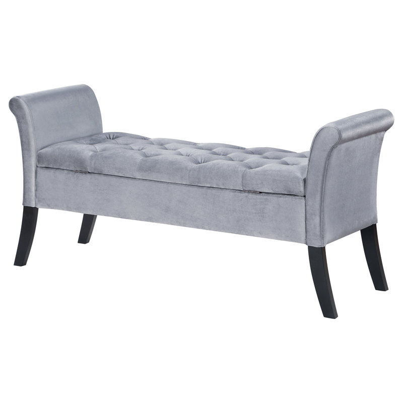 Jedu Velvet Upholstered Rolled Arm Storage Bench Silver, Silver