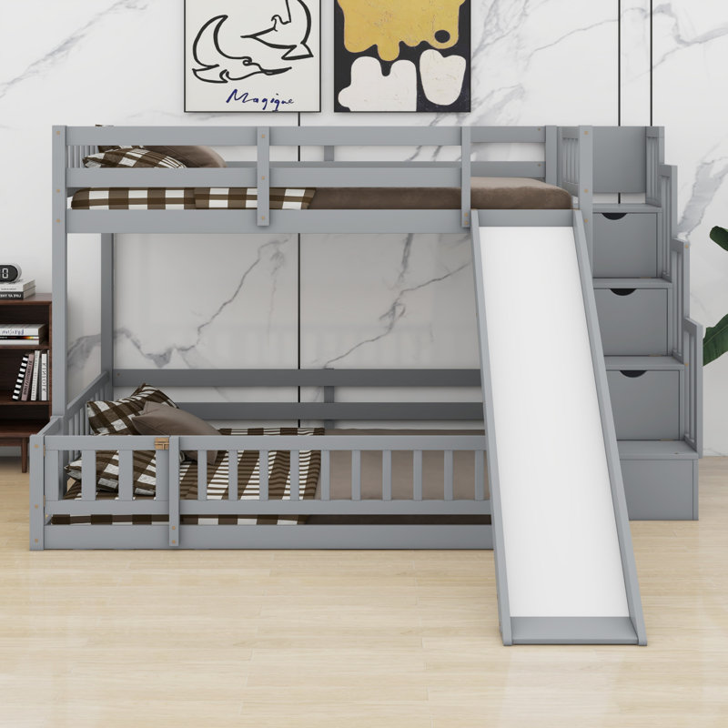 Lit superposé avec glissade, escalier de rangement et garde-corps de sécurité, Gris