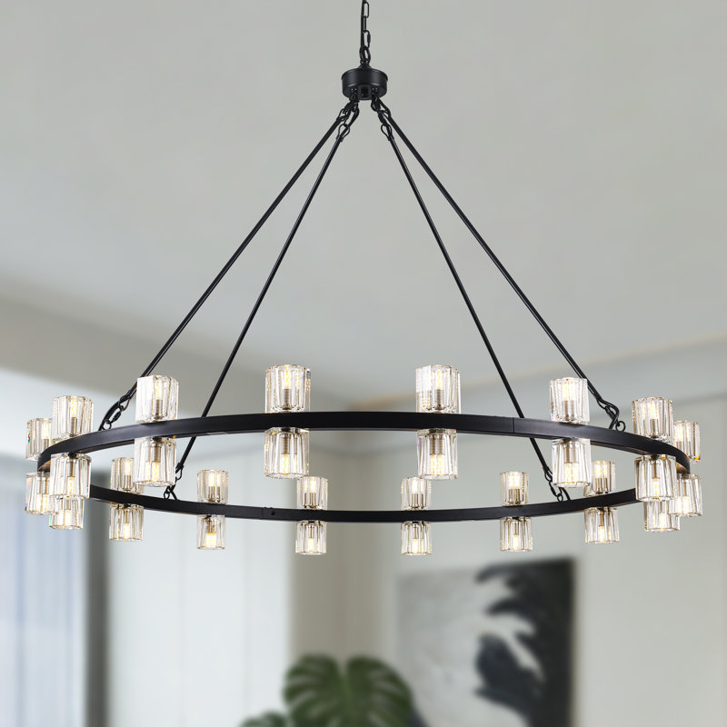 32 - Light 49.21" Large Dimmable Round Crystal Cup Style Wagon Wheel Chandelier For Dining Room Living Room, Matte Black