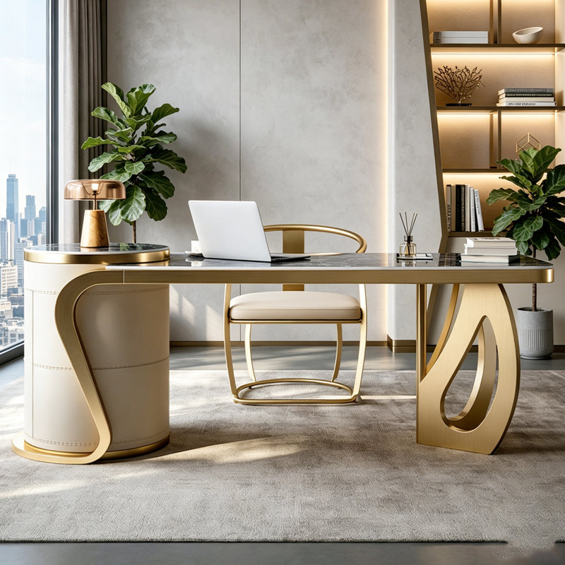Bureau de luxe léger en bois doré fritté irrégulier, table d'écriture intégrée avec cabinet latéral