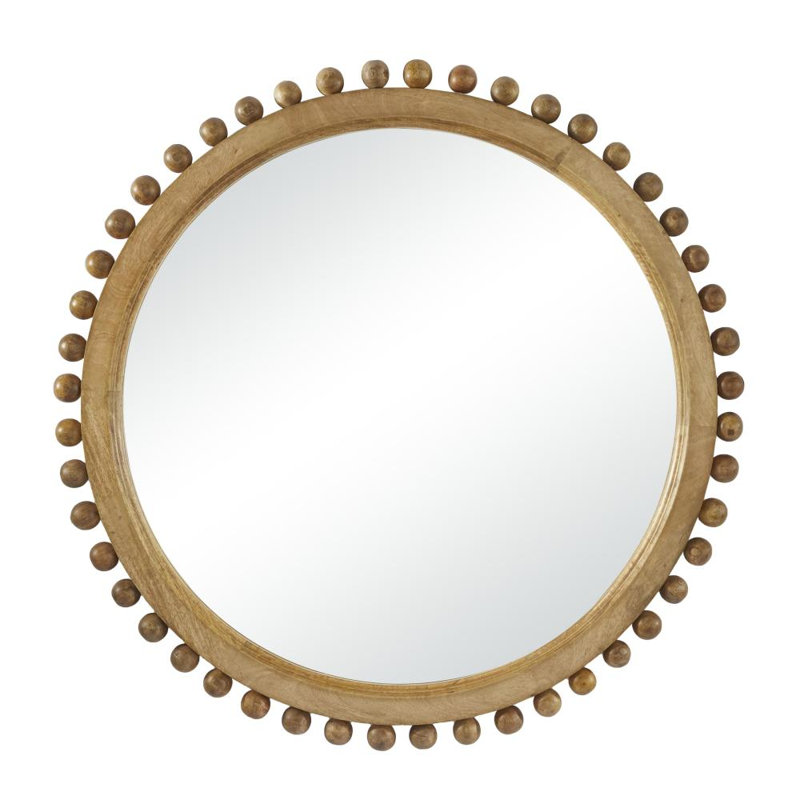 Miroir mural doré en bois de manguier avec détails perlés, 35 po x 2 po x 35 po, Brun