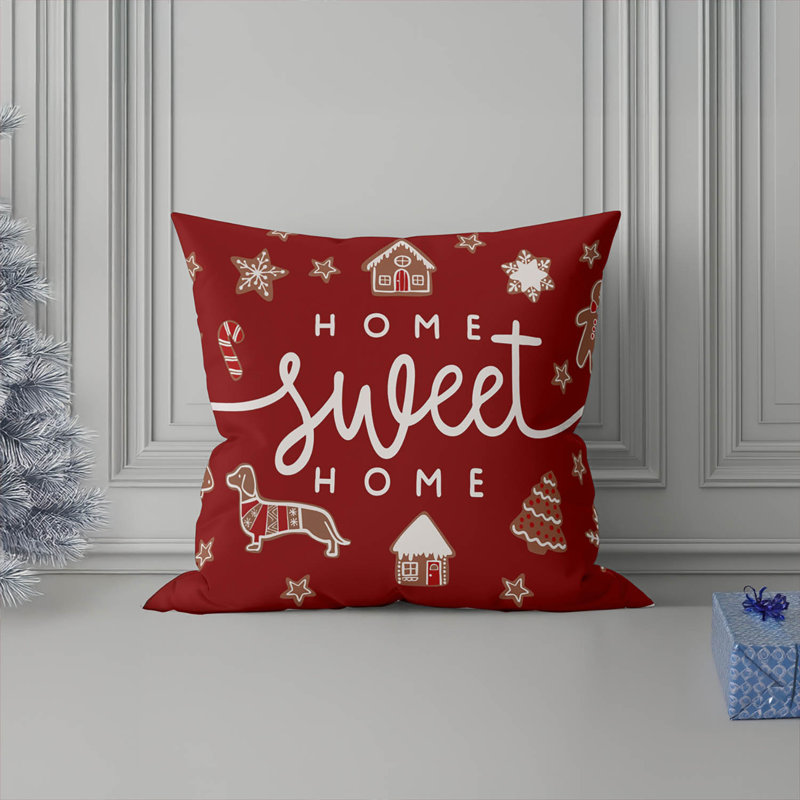 Coussin décoratif Gingerbread Home Sweet Home, Rouge, Carré 16 po