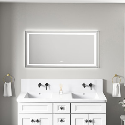 Miroir de meuble-lavabo mural 55 po x 28 po avec façade et rétroéclairage, cadre en aluminium, 3 options de couleur, brouillard, mémoire, contrôle de luminosité continu, éclairage à DEL Clear View, intensité variable, frêne