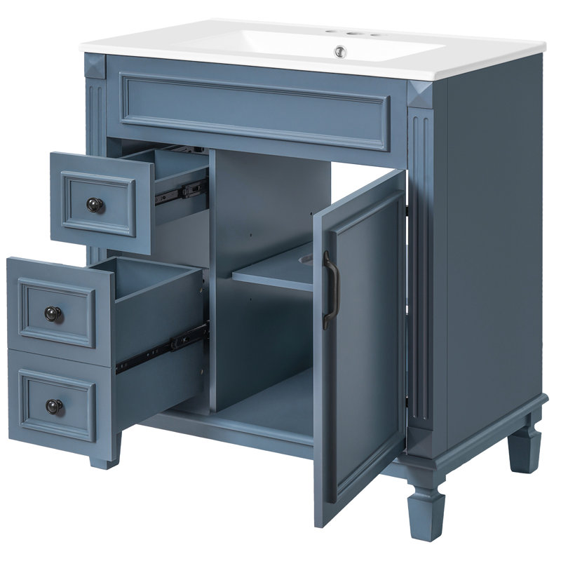 Meuble-lavabo de 30 po avec lavabo en céramique, 2 tiroirs et tablette réglable, Bleu