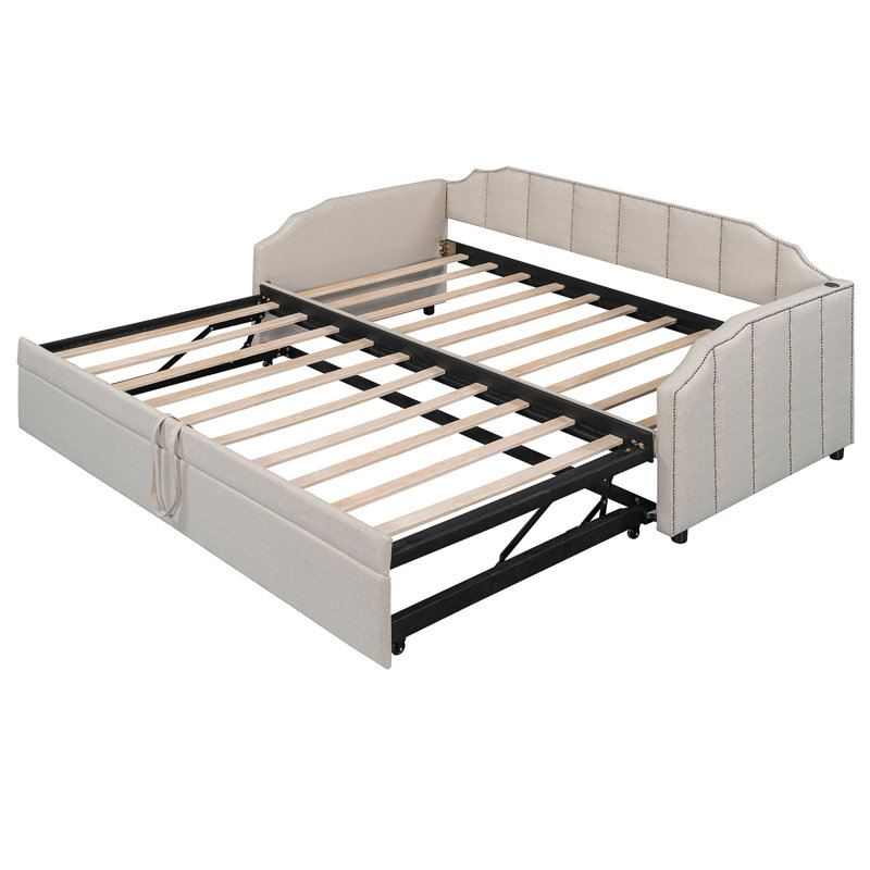 Lit de jour rembourré Vickey avec couchette escamotable et ports de chargement USB, beige, Beige