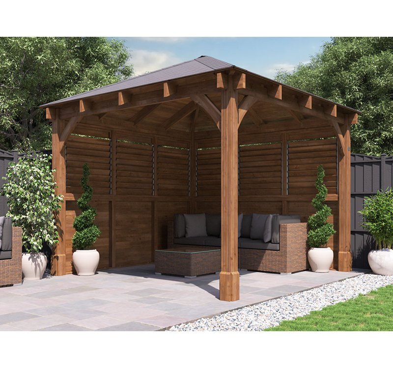 Dunster House Wooden Gazebo Kit Louvre Wall 3m x 3m Heavy Duty Garden Shelter Roof Shingles Leviathan	