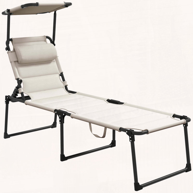 Chaise longue pliante avec auvent réglable et coussin, Blanc, crème