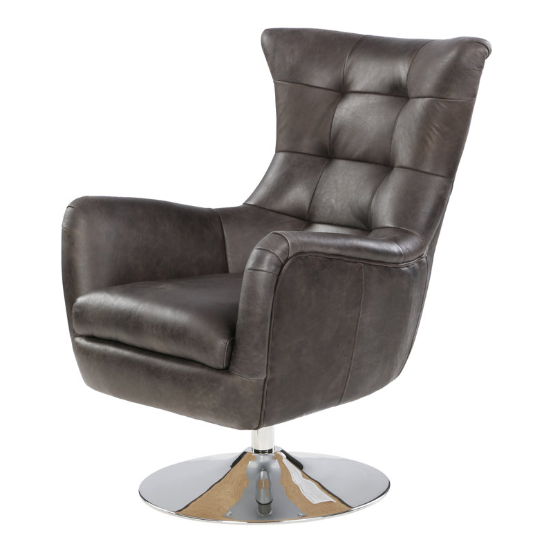 Cantillo Swivel Genuine Leather Wingback Chair, Antique Ebony