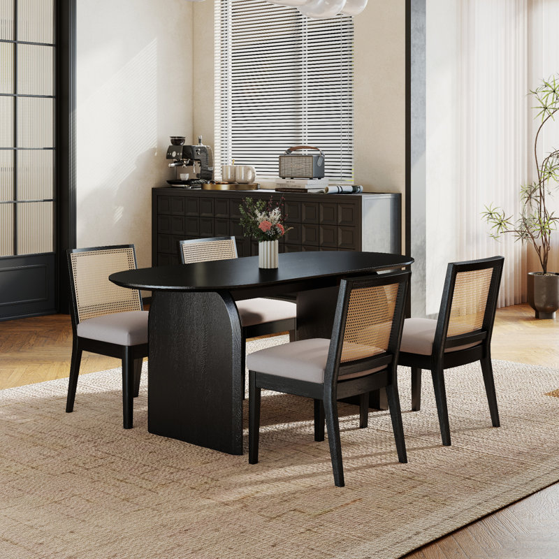 Dining Set Mid-Century Modern Wooden Table & Upholstered Chair Set For Home, Kitchen, Dining Room, Beige/Black, Black