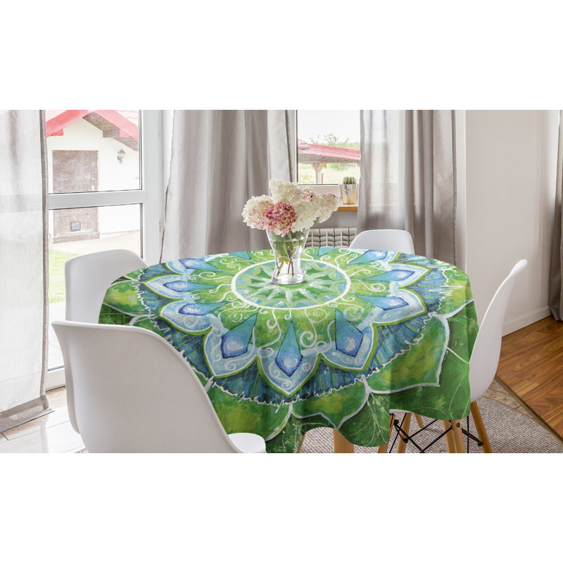 Ambesonne Mandala Round Tablecloth, Grand Leaf Forms Of Nature And Theme Green Boho Style Floral Print, Circle Table Cloth Cover For Dining Room Kitchen Decoration, 60", Green Blue